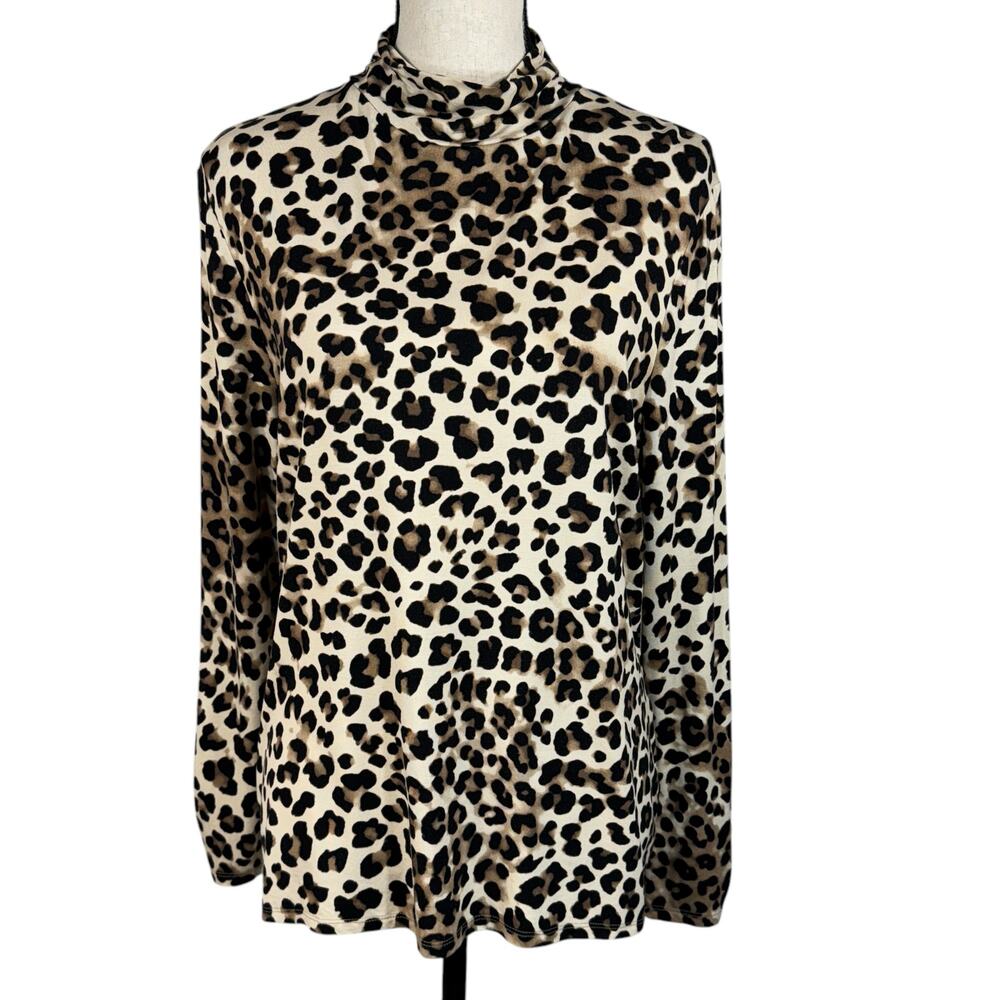 Chico’s SZ 2 (Large) Ultimate Tee Shirt Top Leopard Print Mock Neck Stretch